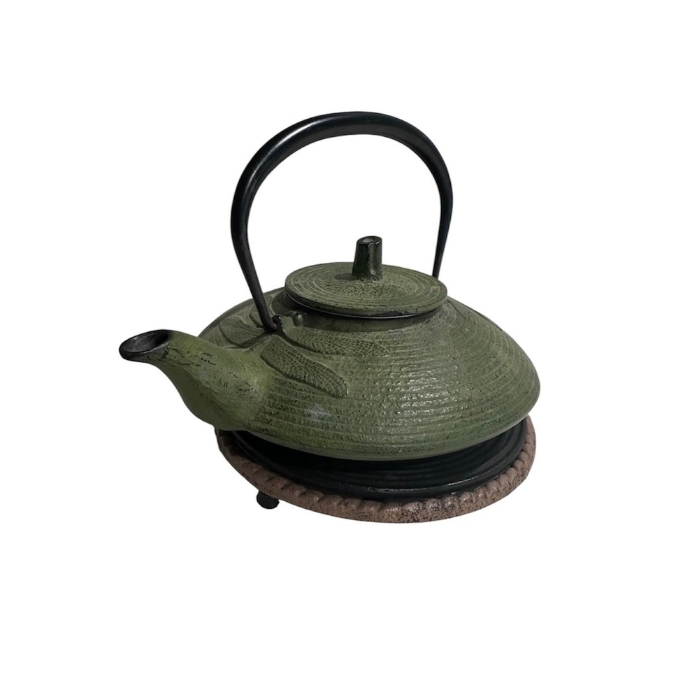 Tea Pot Japanese Cast Iron Tetsubin Set Green Dragonfly with Trivet & Infuser